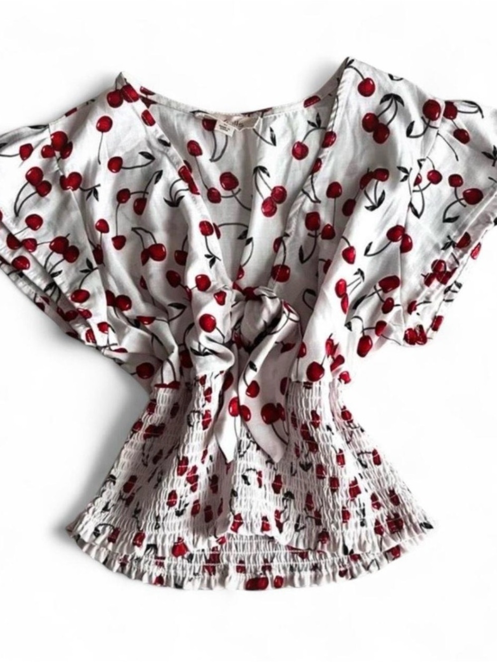 Women’s Cherry Print Tie-Front Top in White and Red